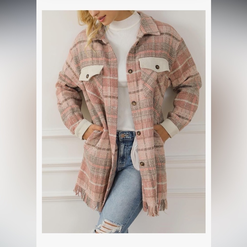 NWOT Casual Plaid Shacket Long Sleeve Button Down Oversized Shirt Jacket Coat - Picture 5 of 6